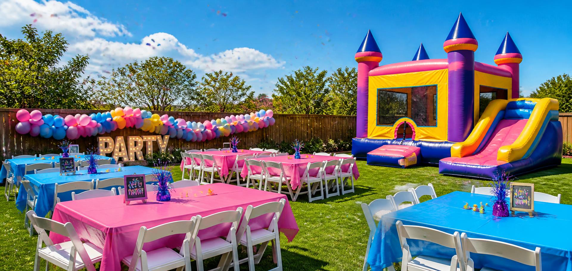 Backyard party setup with tables, chairs and a bounce house